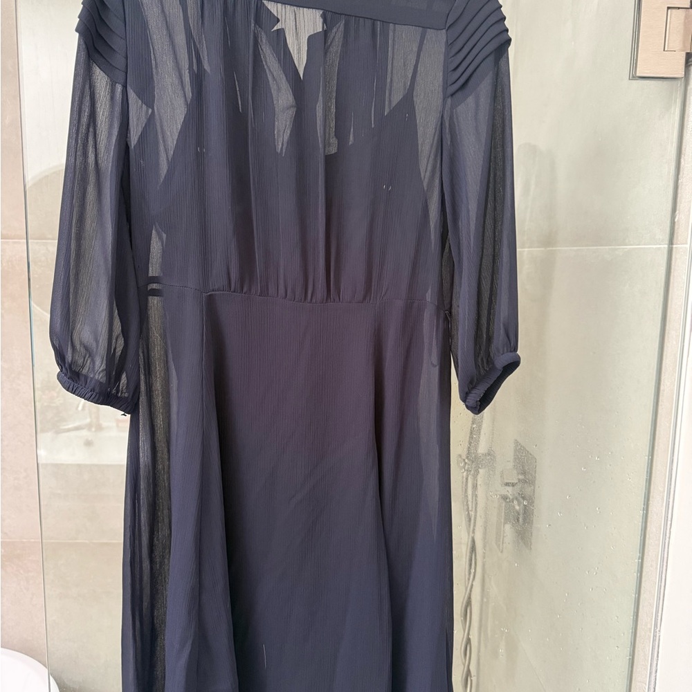 Calvin Klein Navy Sheer Long Sleeve Midi Dress